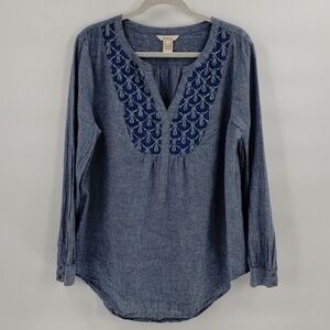 Sundance blue chambray pullover blouse size large textured front linen/cotton